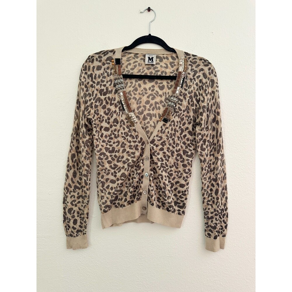 M Missoni Leopard Print Cardigan Sequin Embellished Brown Silk Cotton Women's M